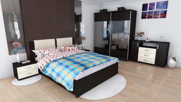 Dormitor Laguna cu pat 140x200 cu lada Wenge cu Vanilie