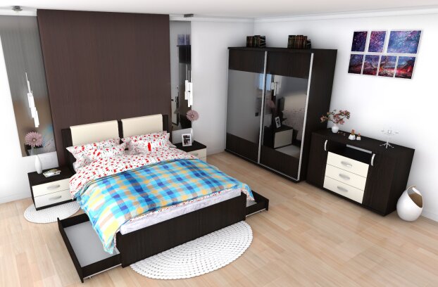 Dormitor Laguna cu pat 140x200 cu 2 sertare Wenge cu Vanilie